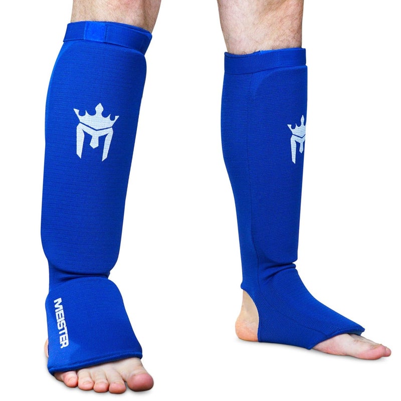 Meister MMA Elastic Cloth Shin & Instep Padded Guards (Pair) - Blue - Large/X-Large - Image 1